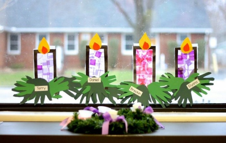 Weihnachten basteln mit Kindern zum Advent - Kerzen als Fensterbilder aus Seidenpapier