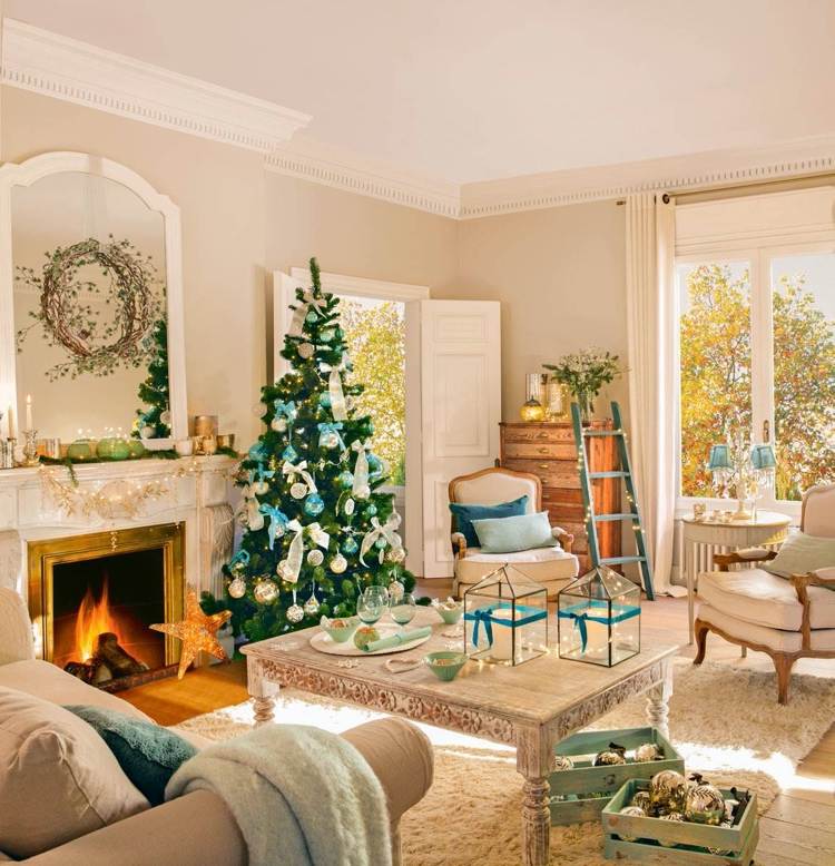 Weihnachtsdeko für Wohnzimmer in Türkis Grün und Weiß
