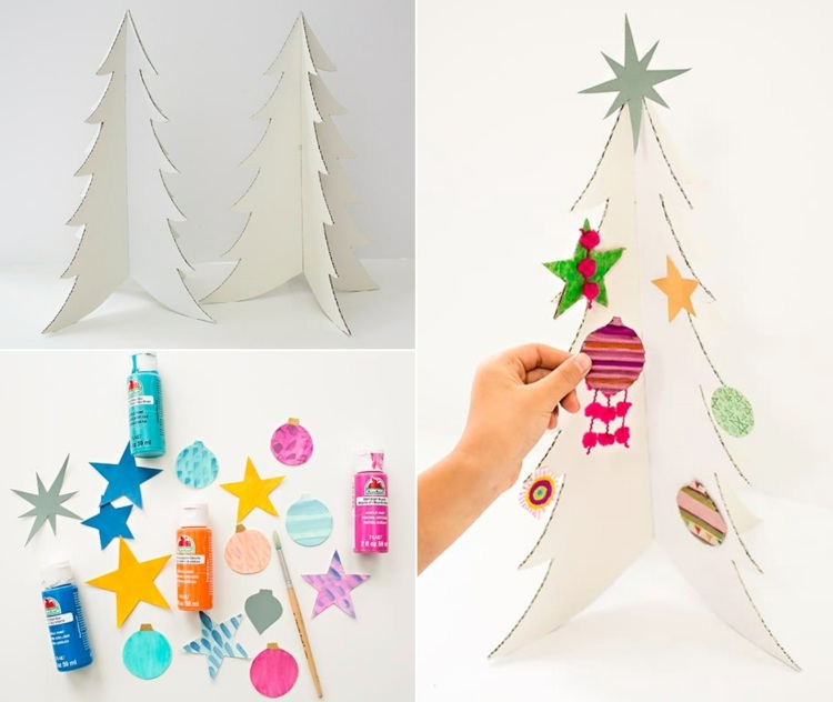 Weißen Tannenbaum aus Pappe mit Weihnachtsschmuck aus Papier dekorieren