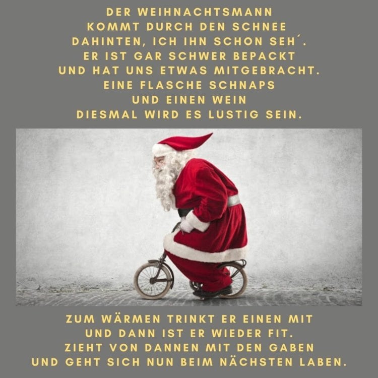 Witzige Bilder und Wünsche für Weihnachtskarte mit Weihnachtsmann auf Fahrrad und Reime