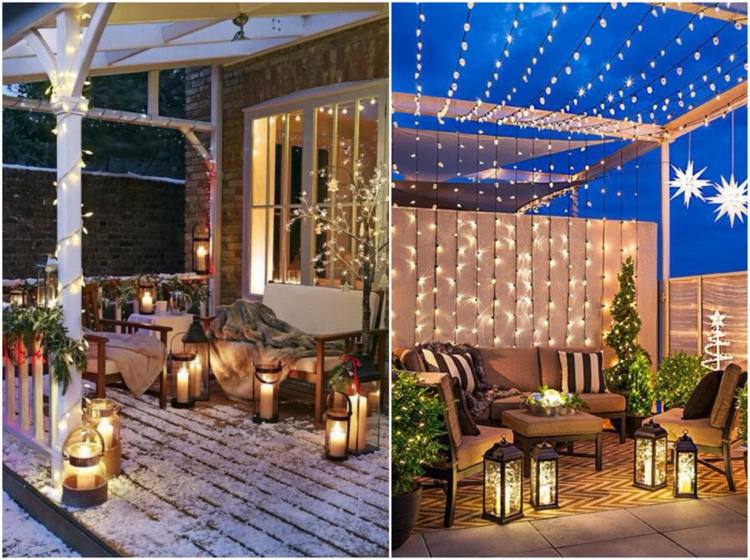 beleuchtung terrasse weihnachten mit kerzen laternen und lichterketten