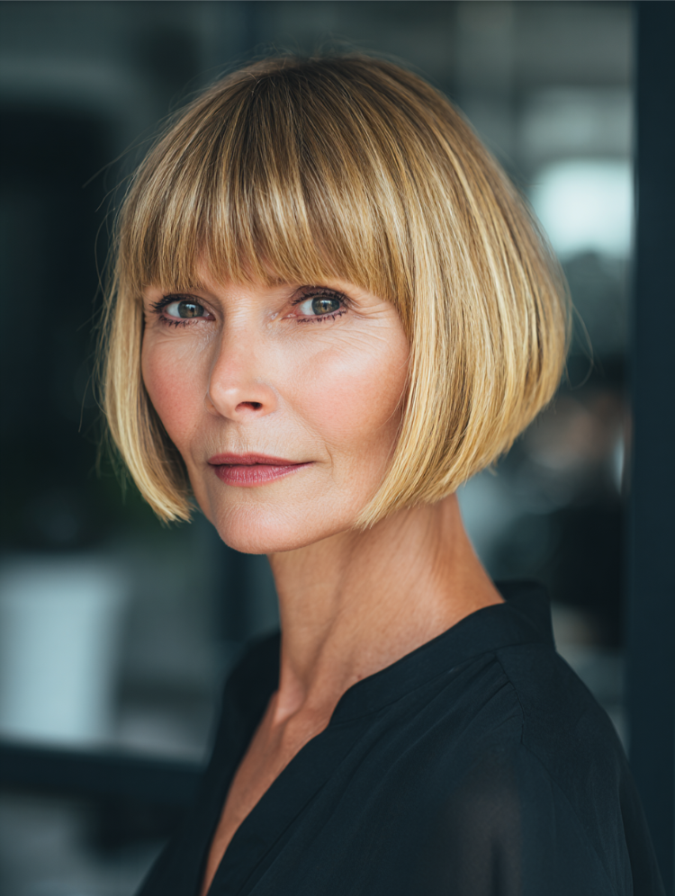 frisuren für niedrige stirn blunt cut bob with bangs