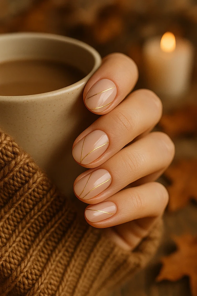 gelnägel natur mit feinen goldenen streifen