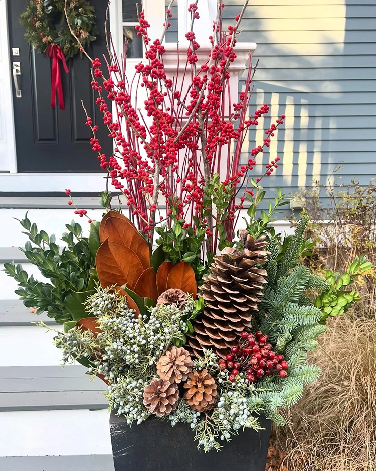 natürliches wintergesteck mit beeren und zapfen