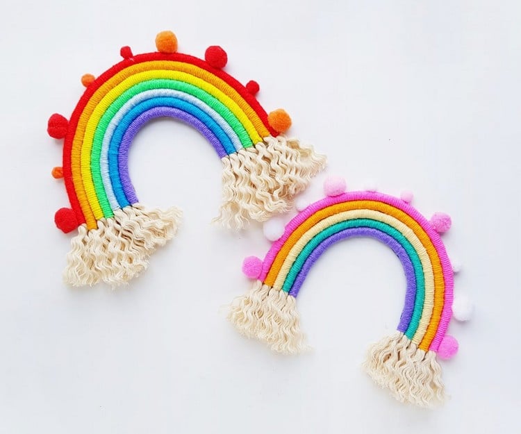 Basteln mit Wollresten mit Kindern Regenbogen selber machen