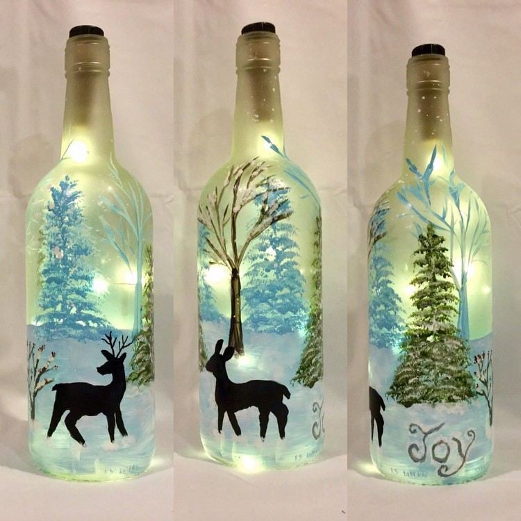 Beleuchtete Flaschen bemalen mit Winter Motiven