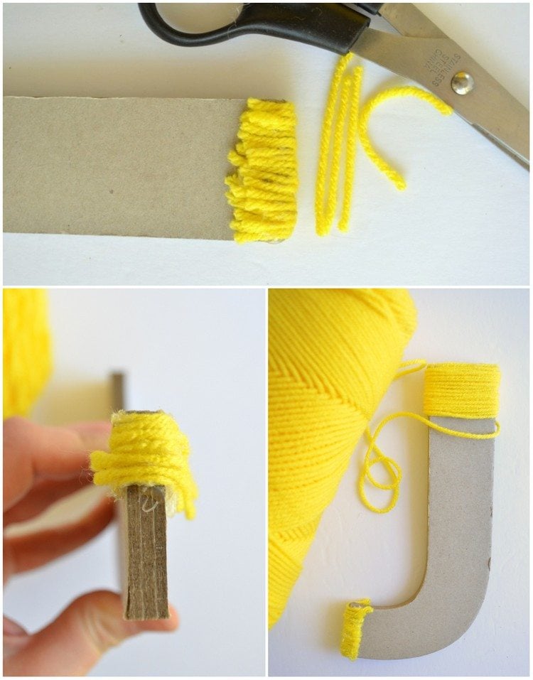 Buchstabe aus Karton mit gelber Wolle umwickeln