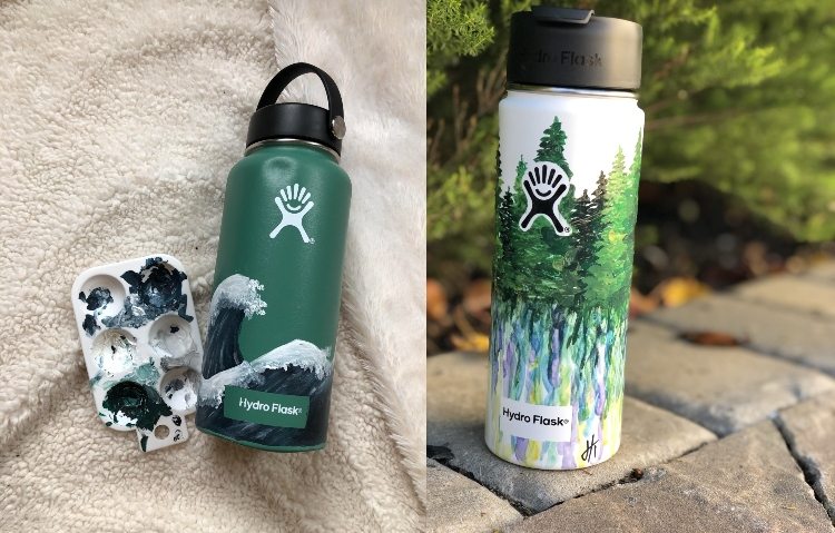 Ideen zum Bemalen von Flaschen mit Natur Motiven Bäume und Wellen