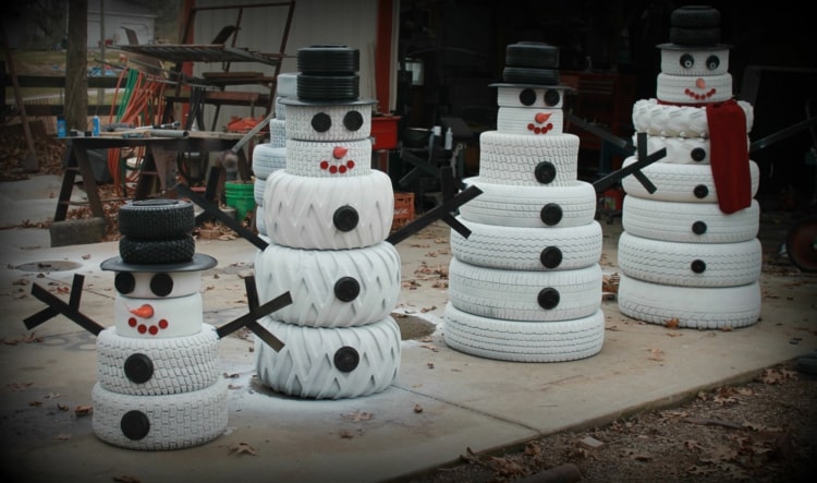 Reifen weiß färben und aufeinanderstapeln für niedliche Schneemänner