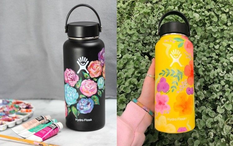 Trinkflaschen aus Metall oder Glas bemalen mit Blumen Motiven