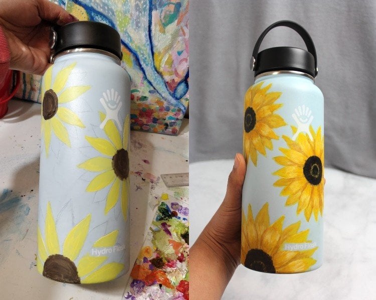 Trinkflaschen bemalen Sonnenblumenmuster Anleitung