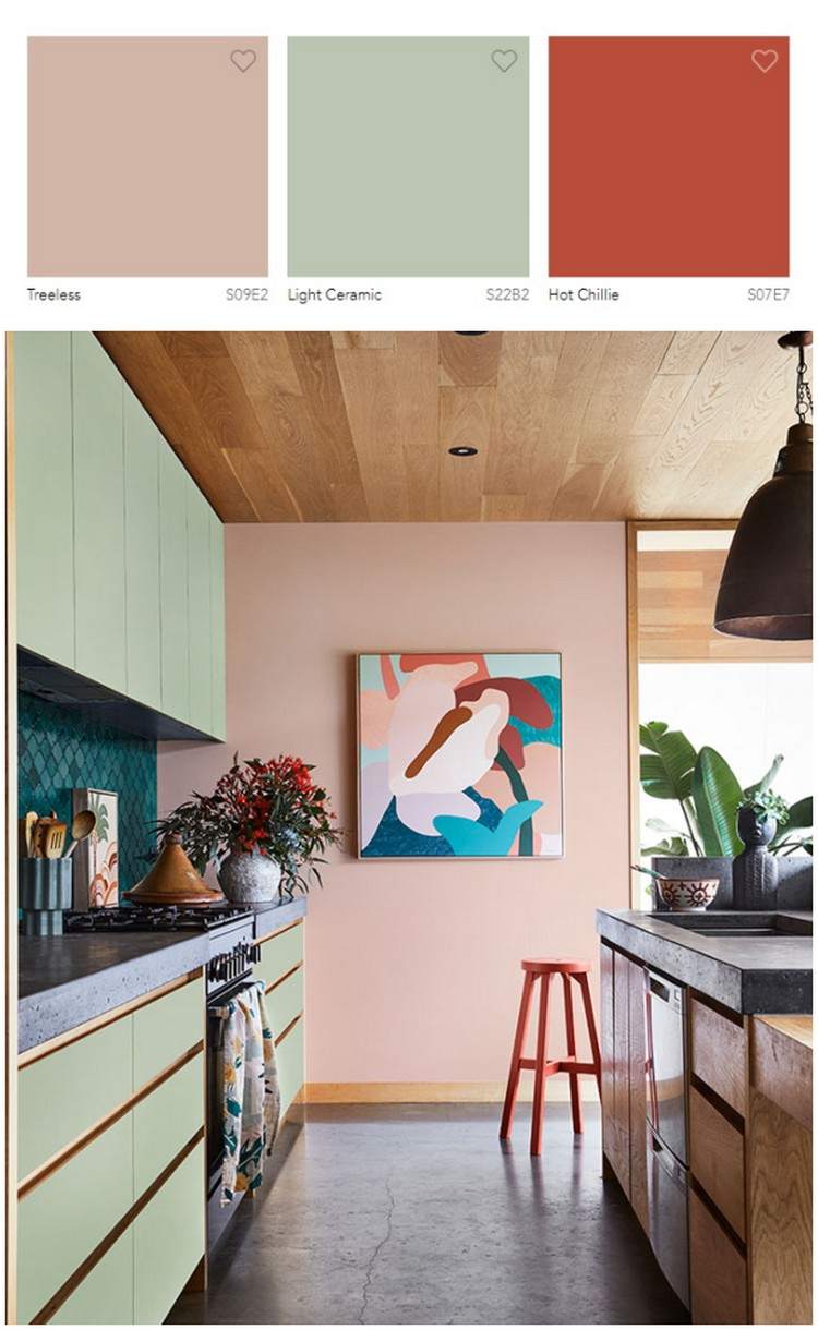 Wandfarben in Trend für Küche Hellgrün Rosa und Chilirot