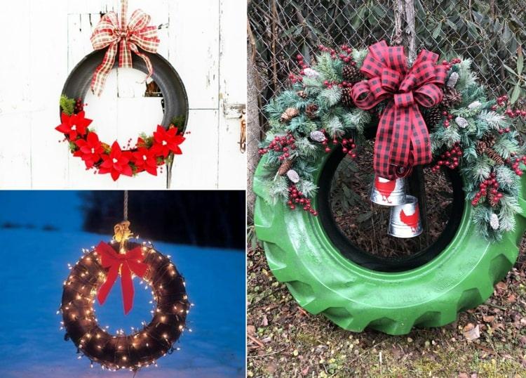 Weihnachtskranz als Idee für selbst gemachte Autoreifen Deko mit Tannengrün, Weihnachtsstern oder Lichterkette