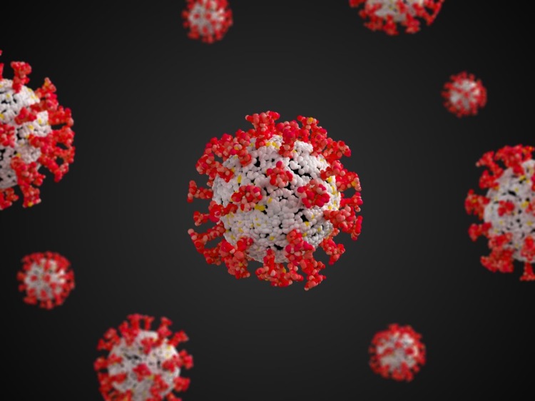 coronaviren mit spike proteinen in rot mit 3d dargestellt