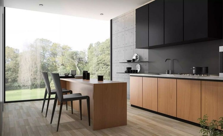 gemaserte Holzfronten mit schwarzen Küchenschränken kombinieren