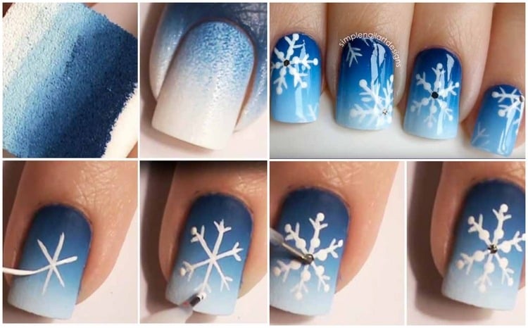schneeflocken auf nägel malen mit farbverlauf von blau zu weiß