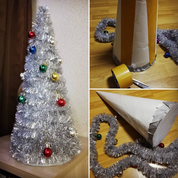 tannenbaum basteln einfach aus lametta und papierkegel