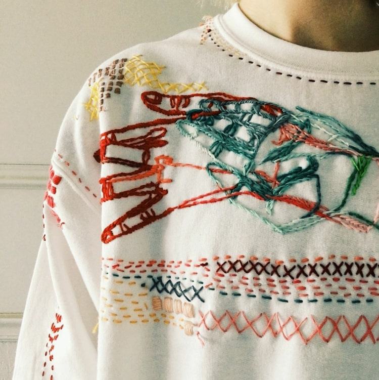 Abstrakte Stickerei in bunten Farben auf einem Pullover
