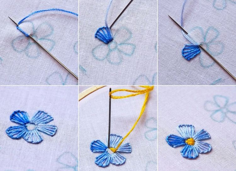 Anleitung für einfache, blaue Blüten und Pollen aus französischen Knoten