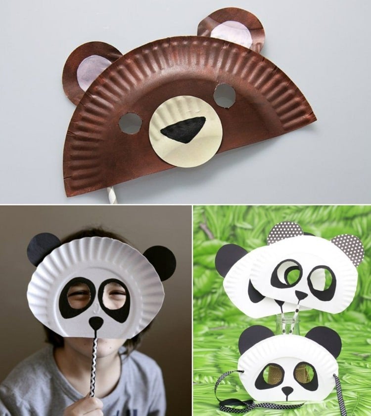 Bären und Pandabären als Tiermasken aus Pappteller basteln zum Fasching