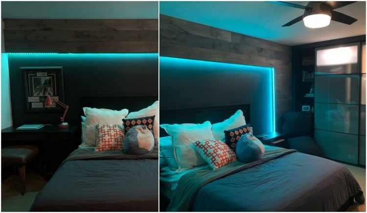 Blaue LED Beleuchtung im Schlafzimmer um das Bett