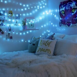 Blaue LED Beleuchtung im Schlafzimmer und Kissen Wild Dreams