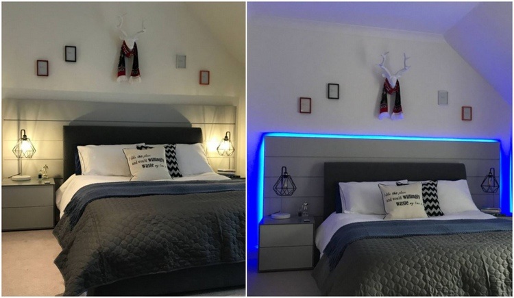 Blaue LED Beleuchtung indirekt am Bett Kopfteil