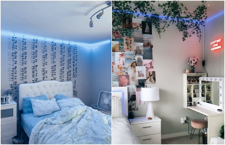 Blaue LED Beleuchtung und Efeu Girlanden im Jugendzimmer