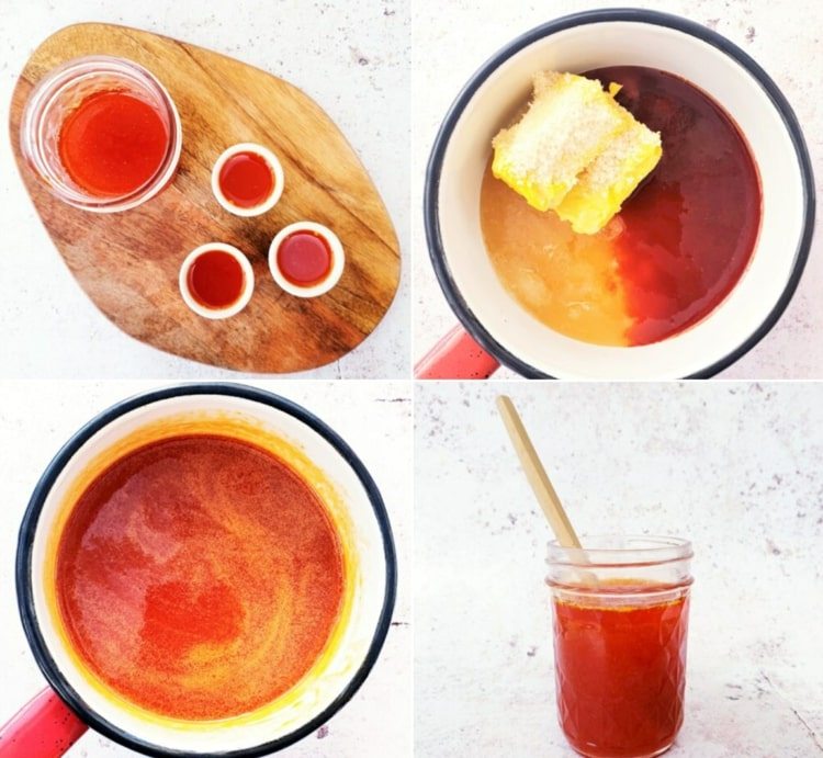 Honig mit Butter, Knoblauch und Chili für eine leckere Soße kombinieren