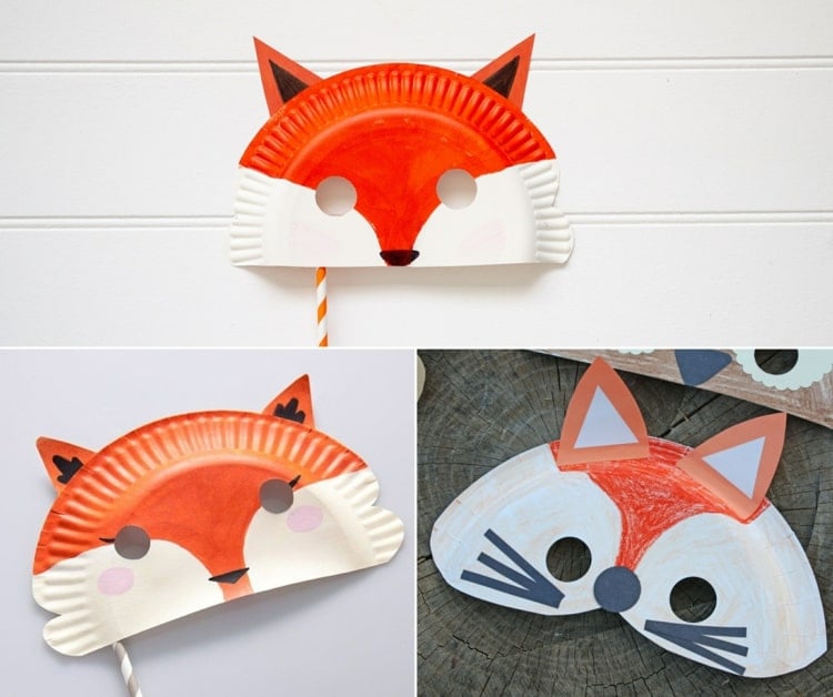 Kindermasken basteln aus Tellern aus Pappe - Niedlichen Fuchs malen