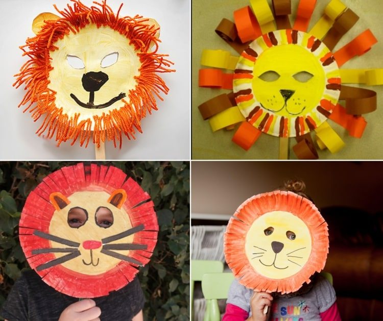 Löwen Masken aus Papptellern basteln mit Papier oder Wolle