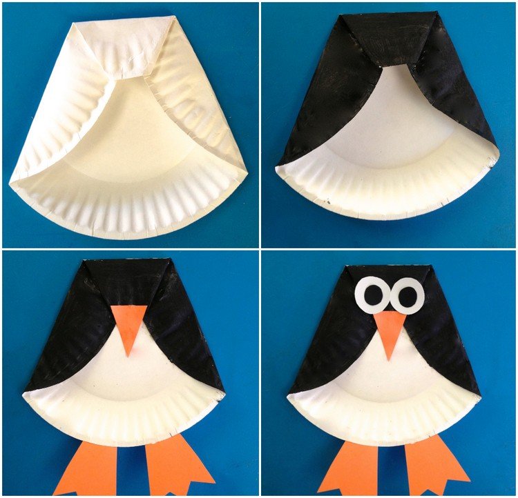 Pinguin basteln mit Kindern aus Pappteller Anleitung