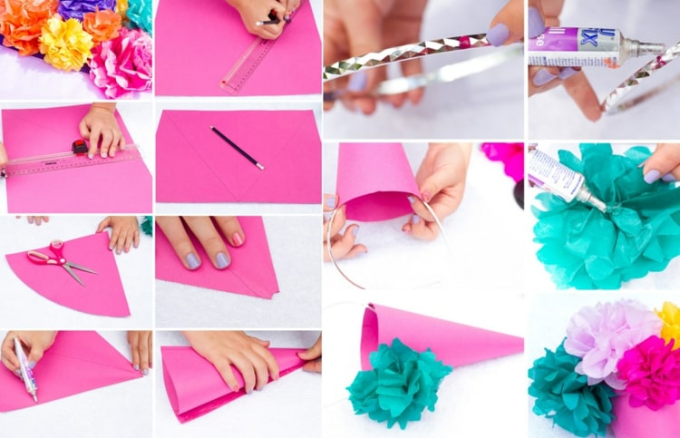 Pinker Papierkegel dekoriert mit Pfingstrosen aus Seidenpapier