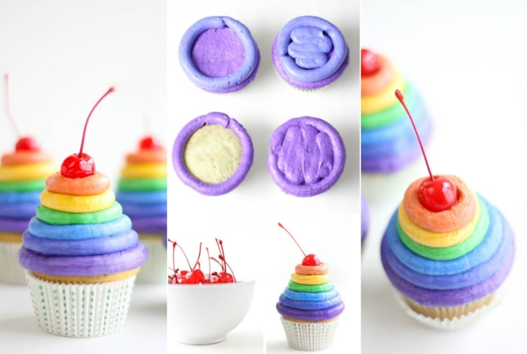 Regenbogen Fasching Muffins mit buntem Topping mit Lochtülle und Spritzbeutel