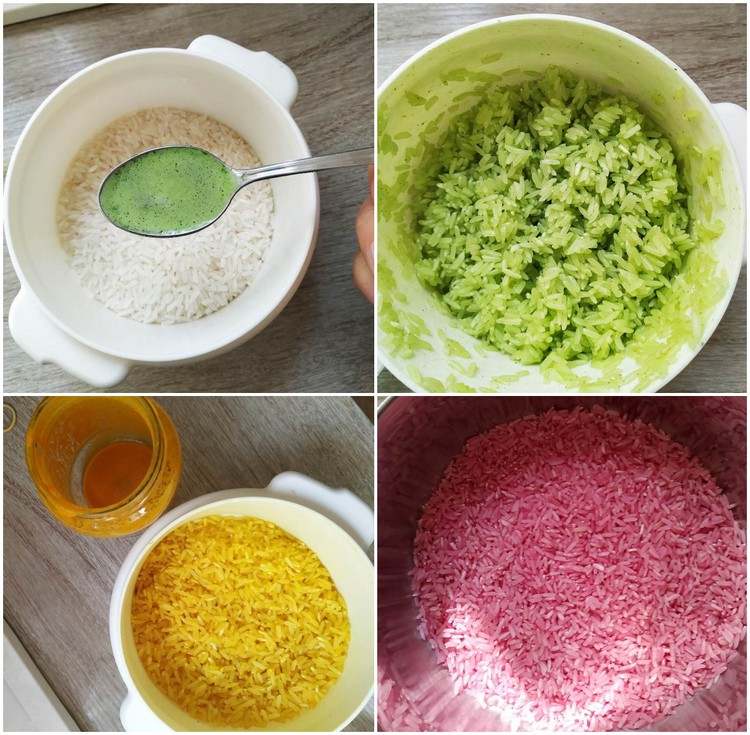 Reis bunt färben mit natürlichen Färbmitteln