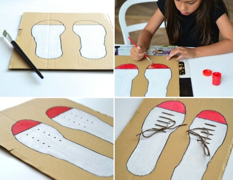 Schuhe binden mit Kinder lernen auf Pappe und mit Schnur