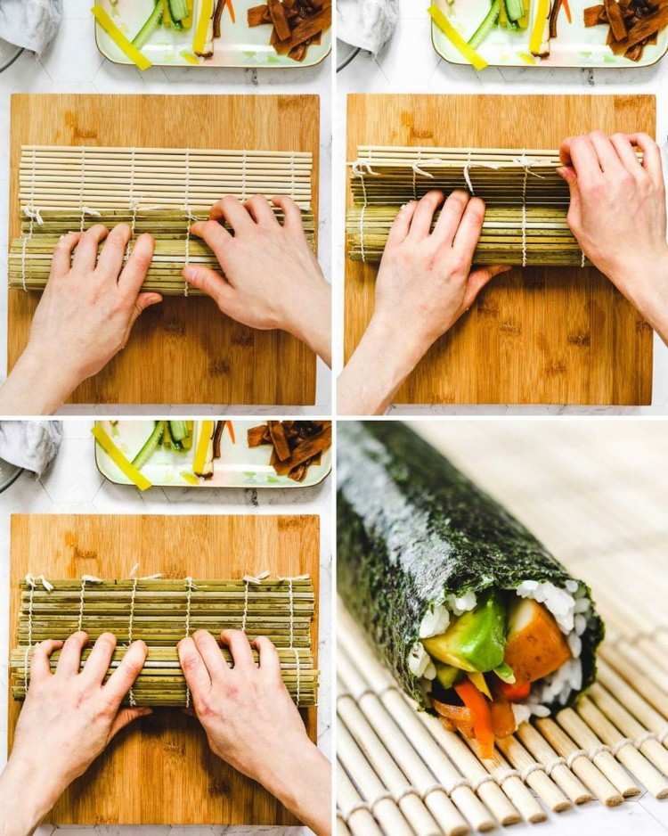 Sushi Makirolle mit Bambusmatte rollen