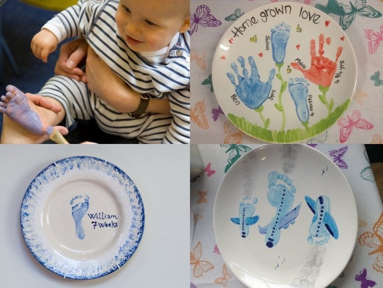 Teller bemalen Baby Handabdruck und Fußabdruck DIY Motive