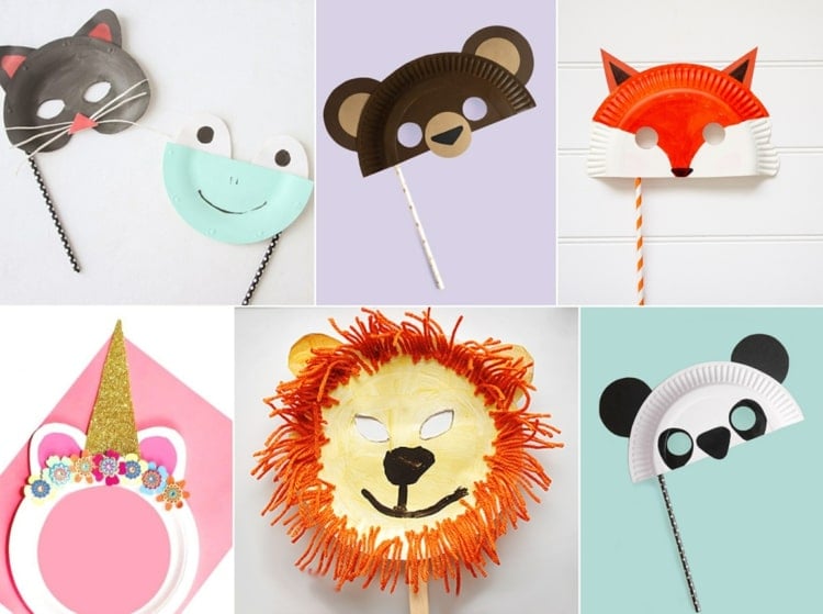 Tiermasken aus Pappteller - Anleitungen für Frosch, Bär, Panda, Einhorn und mehr