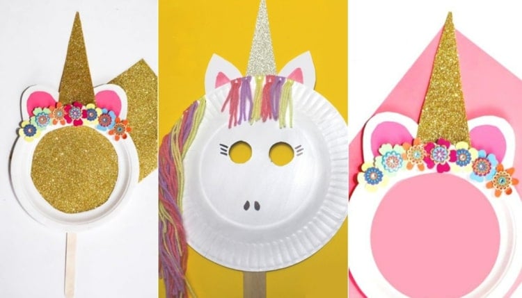 Tiermasken aus Pappteller - Einhorn in verschiedenen Varianten mit Glitzer