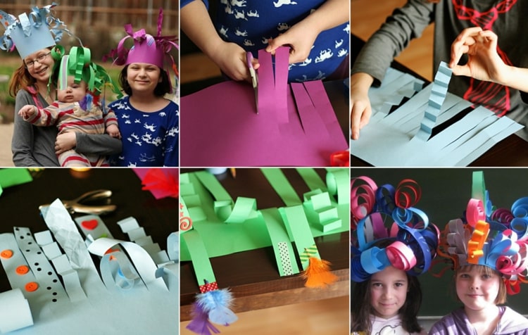 Verrückte Karnevalshüte mit dekorierten Streifen für Kinder und Erwachsene