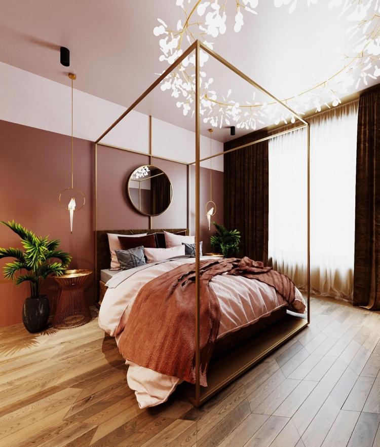 Wand halbhoch streichen Schlafzimmer in Rosa-Terakottatönen