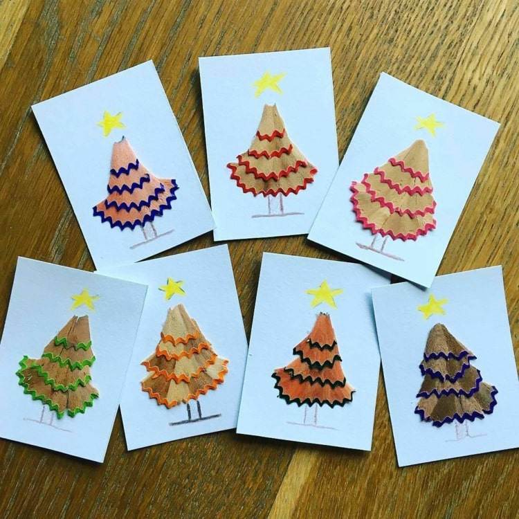 Weihnachtliche Bilder aus Holz für Weihnachstkarten mit Tannenbäumen aus Anspitzresten