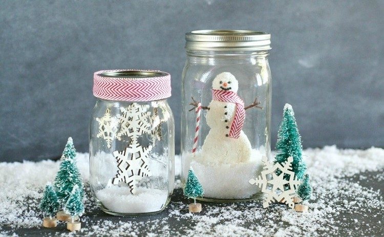 Winterdeko im Glas selber machen mit Schneeflöckchen und Schneemann
