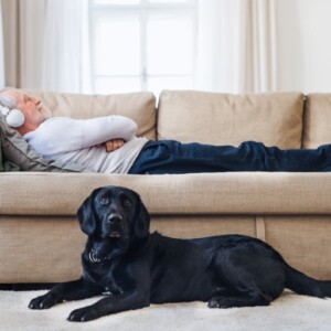 älterer mann mit kopfhörern liegt zufrieden auf einem sofa neben seinem hund