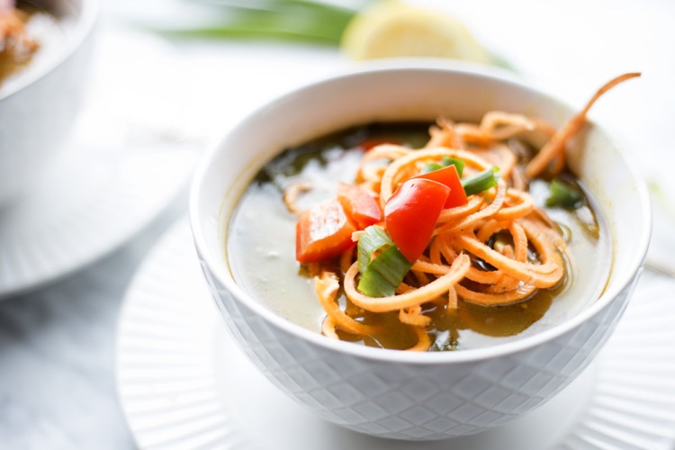 instant healthy soup with sweet potato spirals and peppers