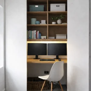 schreibtisch mit 2 bildschirmen im schrank