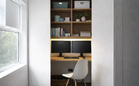 schreibtisch mit 2 bildschirmen im schrank