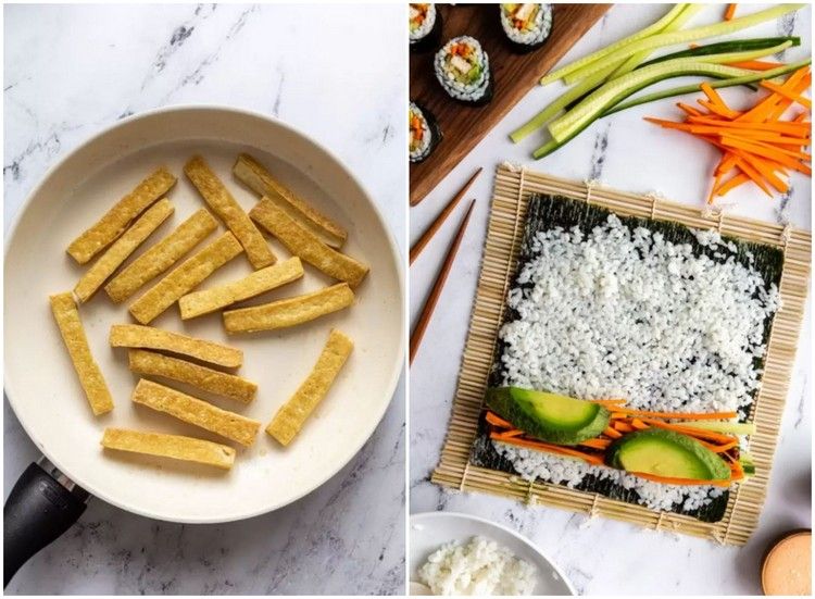 veganes Sushi selber machen rollen Tofu braten