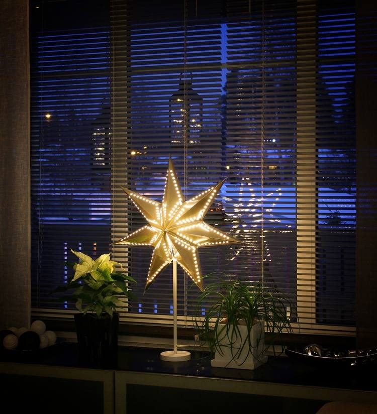 weißer Weihnachtsstern und LED Stern auf der Fensterbank